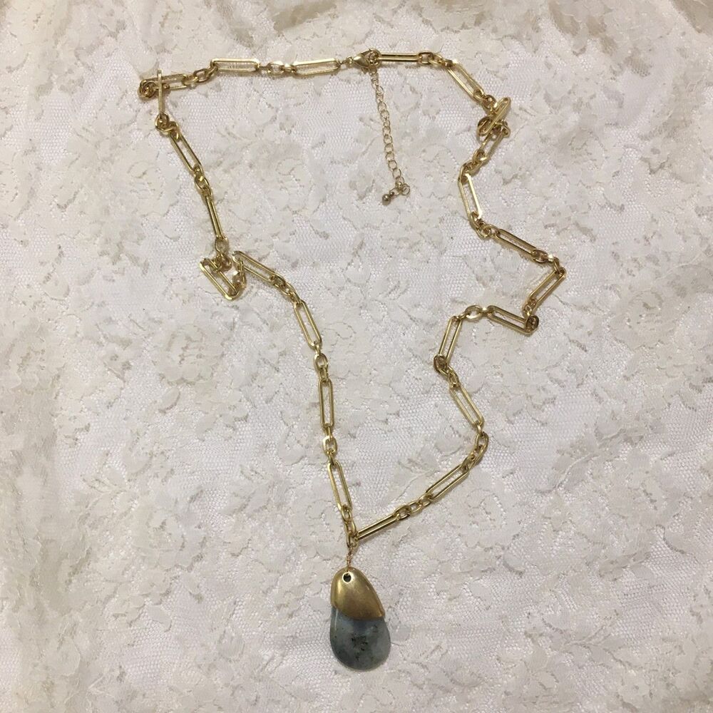 Laborite Stone Pendant Necklace Long gold tone Chain - Picture 2 of 4